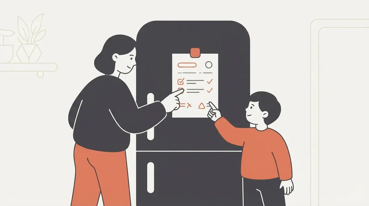 A parent and child reviewing the family video game contract on a refrigerator